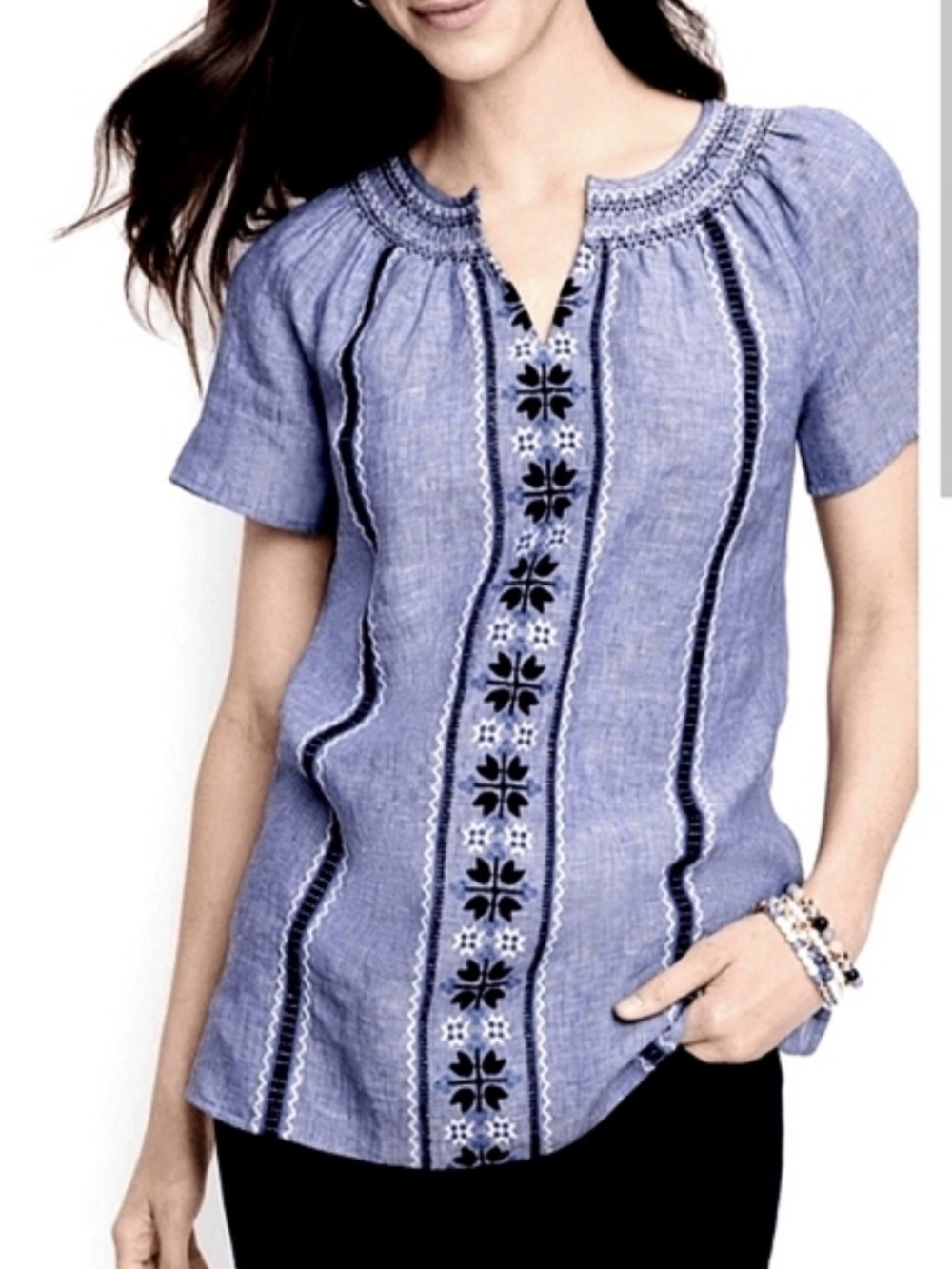 Talbots Light Blue Embroidered Short-Sleeve Tunic